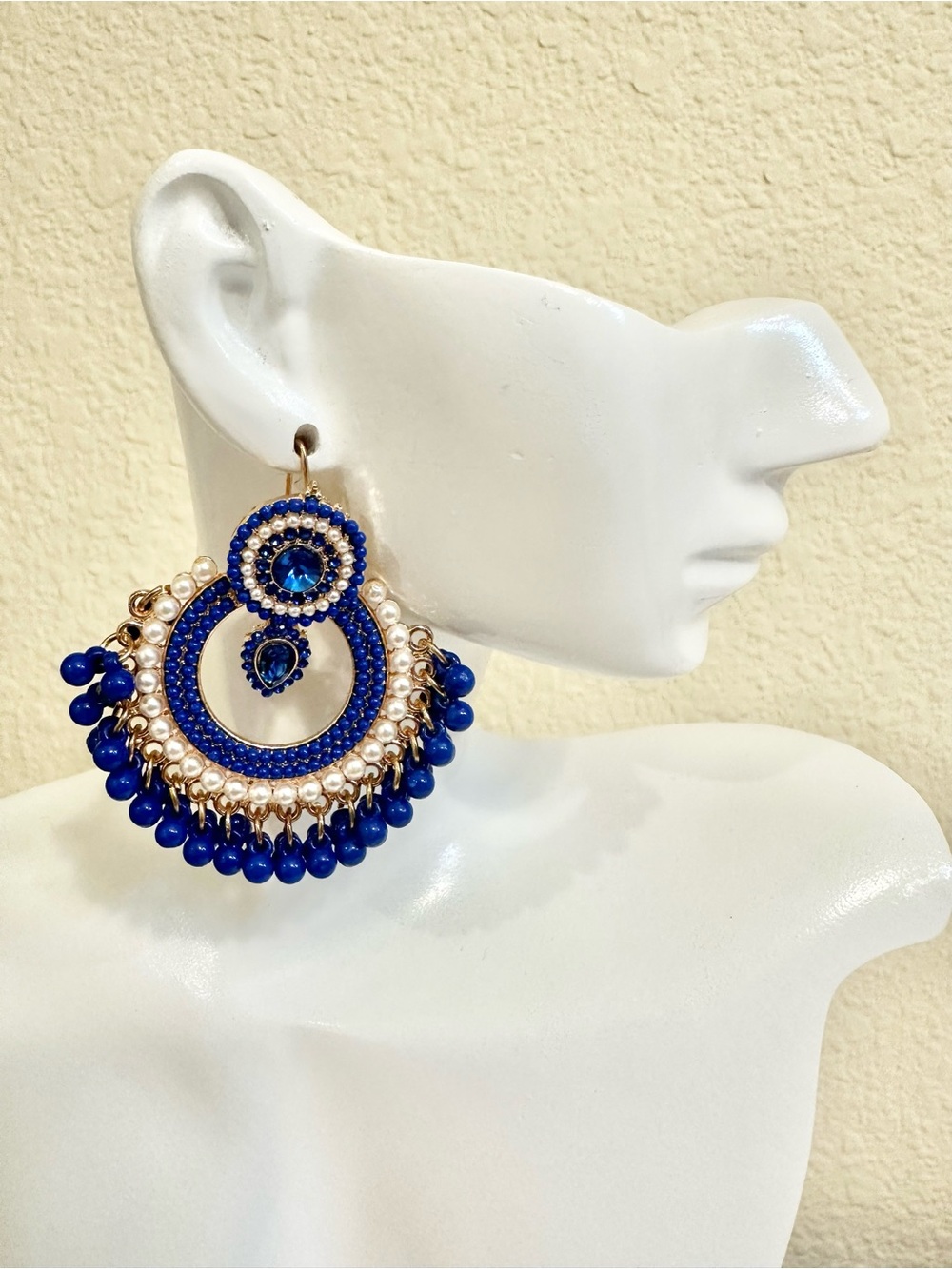 Fashion Jewelry Royal Blue and Gold Beaded Hoop Earrings